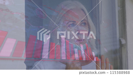 Image of data processing over caucasian woman with face mask Image of data processing over caucasian woman with face mask 115388988