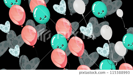 Image of multiple blue and pink balloons on black background Image of multiple blue and pink balloons on black background 115388993