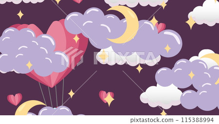 Image of clouds and stars with moons over hearts on purple background Image of clouds and stars with moons over hearts on purple background 115388994