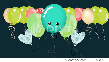 Image of multiple colorful balloons on black background Image of multiple colorful balloons on black background 115388998
