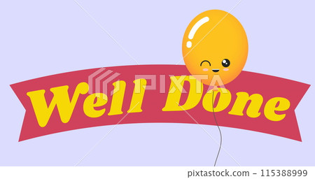 Image of well done text over orange balloon on blue background Image of well done text over orange balloon on blue background 115388999