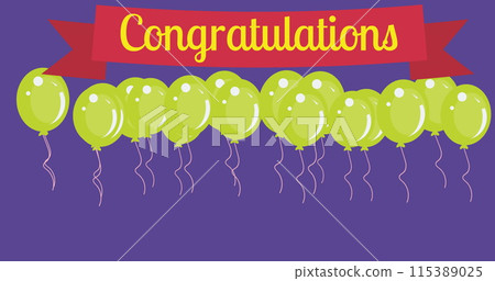 Image of congratulations text over green balloons on purple background 115389025