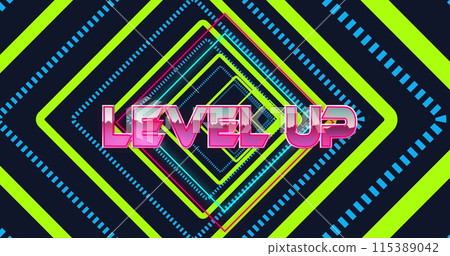 Image of level up text over neon shapes on black background Image of level up text over neon shapes on black background 115389042