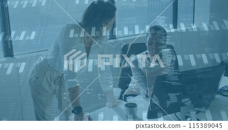 Image of financial graphs and data over diverse female coworkers in office Image of financial graphs and data over diverse female coworkers in office 115389045