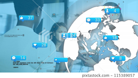 Image of social media reactions and globe over diverse female coworkers in office Image of social media reactions and globe over diverse female coworkers in office 115389057
