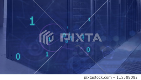 Image of data processing and icons over server room 115389082