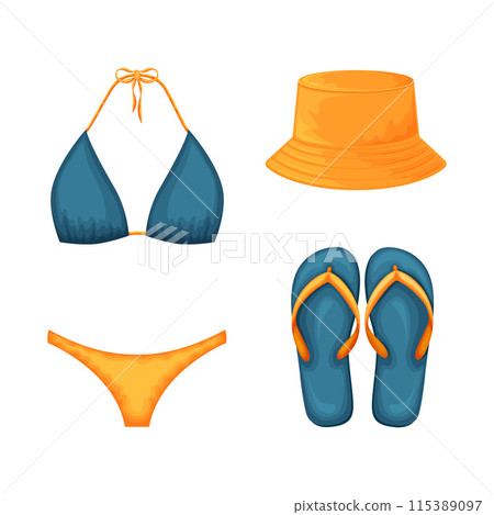 Beach accessories. A set of beach items such as a swimsuit, flip-flops, sunglasses and a beach hat. Clothes for a beach holiday. Vector illustration. Beach accessories. A set of beach items such as a swimsuit, flip-flops, sunglasses and a beach hat. Clothes for a beach holiday. Vector illustration. 115389097
