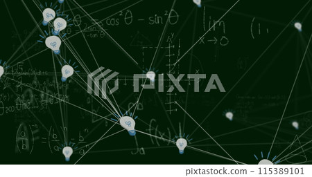 Image of network of connections with icons over mathematical equations on black background Image of network of connections with icons over mathematical equations on black background 115389101
