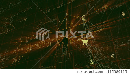 Image of network of connections with icons over mathematical equations on black background Image of network of connections with icons over mathematical equations on black background 115389115