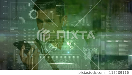 Image of interface with data processing over biracial man talking on smartphone outdoors 115389116