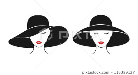 The girl in the hat. A woman in a black hat with a large brim. Sexy woman with red lips. The avatar of the lady. Vector illustration The girl in the hat. A woman in a black hat with a large brim. Sexy woman with red lips. The avatar of the lady. Vector illustration 115389127
