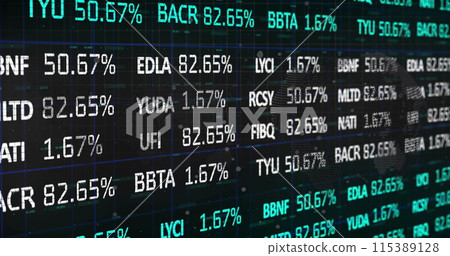 Image of financial data processing on black background Image of financial data processing on black background 115389128