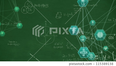 Image of network of connections with icons over mathematical equations on green background Image of network of connections with icons over mathematical equations on green background 115389138