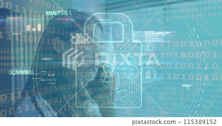 Image of security padlock icon and data processing over caucasian woman talking on smartphone 115389152