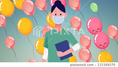 Image of female doctor wearing face mask over balloons Image of female doctor wearing face mask over balloons 115389370