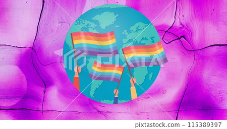 Image of rainbow flags over globe on waving pink background Image of rainbow flags over globe on waving pink background 115389397