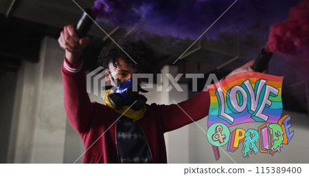 Image of rainbow love and pride over african american man with flare 115389400