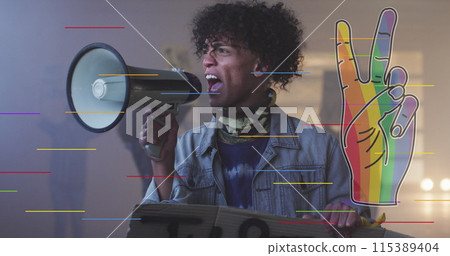 Image of rainbow hand over african american man with speaker 115389404