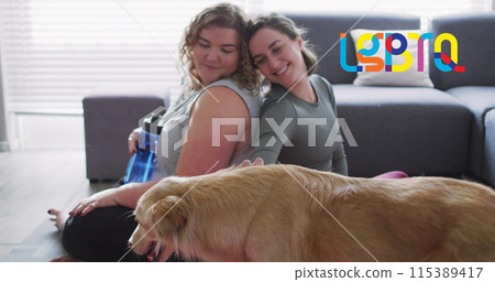 Image of rainbow lgbtq of lesbian couple petting dog at home Image of rainbow lgbtq of lesbian couple petting dog at home 115389417