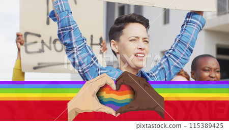 Image of rainbow flag over caucasian female protester Image of rainbow flag over caucasian female protester 115389425