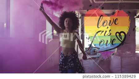 Image of rainbow heart with love is love over african american woman with flare 115389429