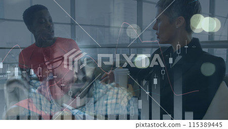 Image of financial graphs over diverse women talking in office and caucasian male programmer Image of financial graphs over diverse women talking in office and caucasian male programmer 115389445