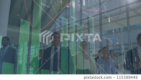 Image of financial graphs over diverse businesspeople walking in office Image of financial graphs over diverse businesspeople walking in office 115389448