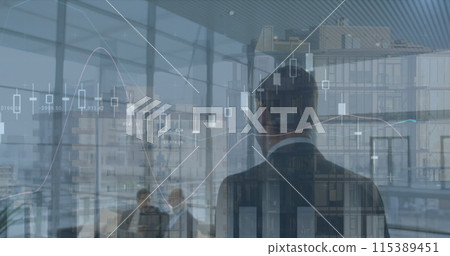 Image of data processing over diverse business people in office 115389451