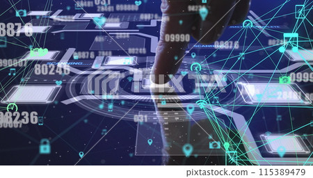Image of numbers changing, networks of connections over man touching processor screen 115389479
