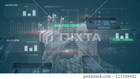 Image of identity data processing over businessman touching biometric screen in background Image of identity data processing over businessman touching biometric screen in background 115389482