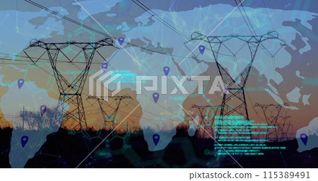 Image of data processing and world map over pylons Image of data processing and world map over pylons 115389491