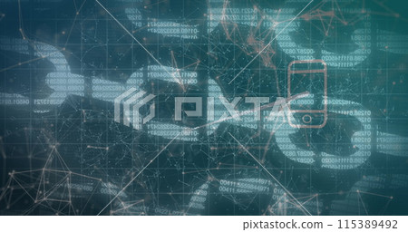 Image of data processing over chains and media icons 115389492