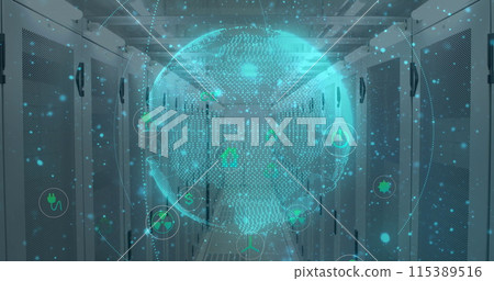 Image of data processing and globe over server room 115389516