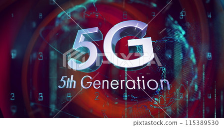 Image of silver text 5g 5th generation, with glowing globe and data processing on red background 115389530