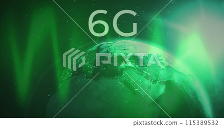 Image of silver text 6g, with green lights and rotating globe on dark background Image of silver text 6g, with green lights and rotating globe on dark background 115389532
