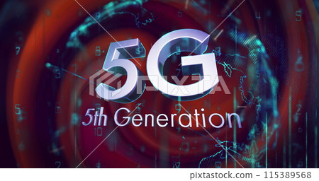 Image of silver text 5g 5th generation, with glowing globe and data processing on red background Image of silver text 5g 5th generation, with glowing globe and data processing on red background 115389568