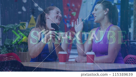 Image of subscribe text over two caucasian women using smartphone on climbing wall 115389639