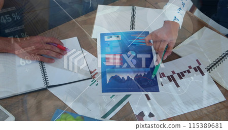 Image of data processing over diverse business people with documents 115389681