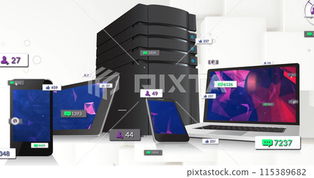 Image of media icons over technology devices 115389682