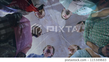 Image of data processing over diverse business people teaming up 115389683