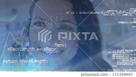 Image of data processing over caucasian businesswoman talking on smartphone Image of data processing over caucasian businesswoman talking on smartphone 115389693