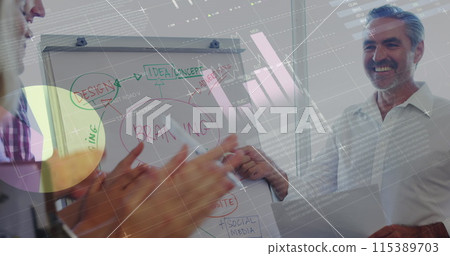 Image of statistical data processing over caucasian senior man giving a presentation at office 115389703