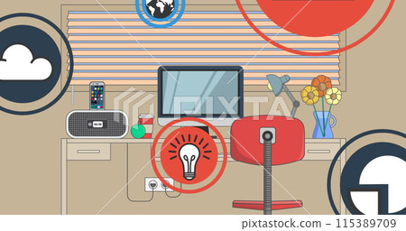Image of media icons over office 115389709