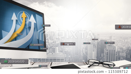 Image of media icons over office and cityscape 115389712