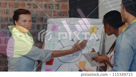 Image of data processing over diverse business people discussing work Image of data processing over diverse business people discussing work 115389715