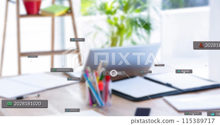 Image of media icons over office Image of media icons over office 115389717