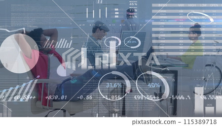 Image of data processing over diverse business people using technology Image of data processing over diverse business people using technology 115389718