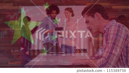 Image of data processing and flag of china over diverse business people using technology Image of data processing and flag of china over diverse business people using technology 115389730