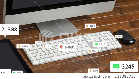 Image of media icons over office Image of media icons over office 115389733