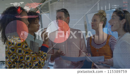 Image of data processing over diverse business people discussing work 115389759